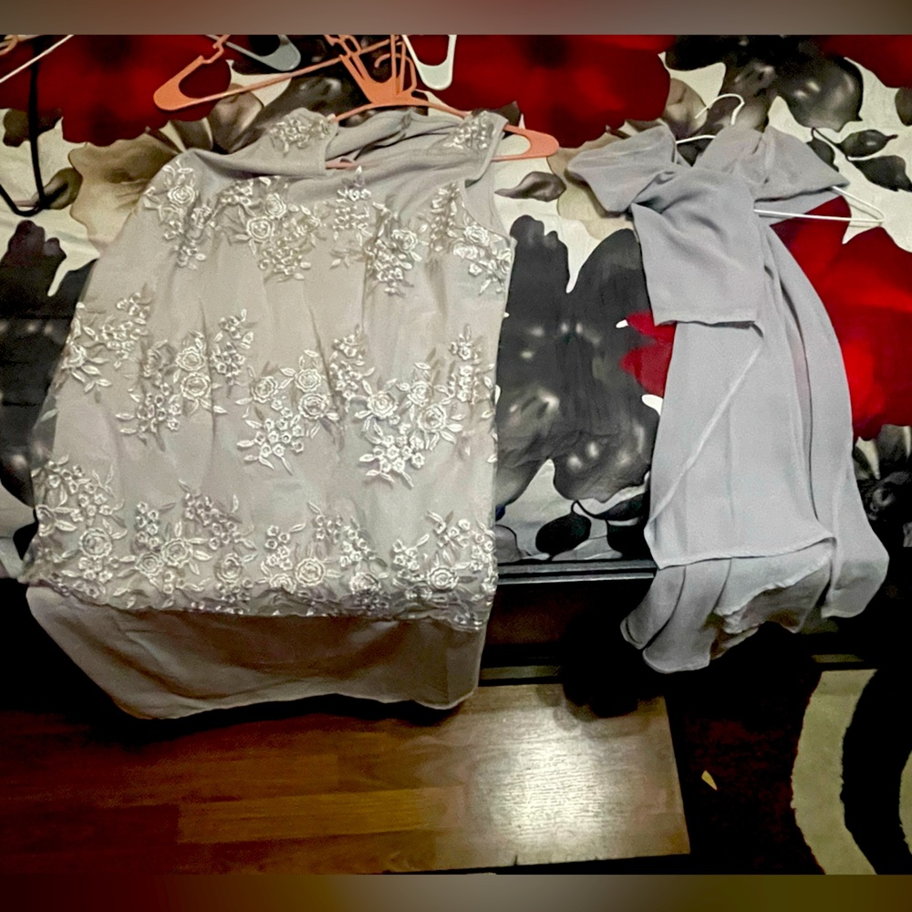 Silver Laced Floral Dress with Matching Sheer Cardigan